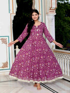Miravan Women's Cotton Gotapatti And Lace Border Details Floral Printed Purple Anarkali Kurta | Grocsy
