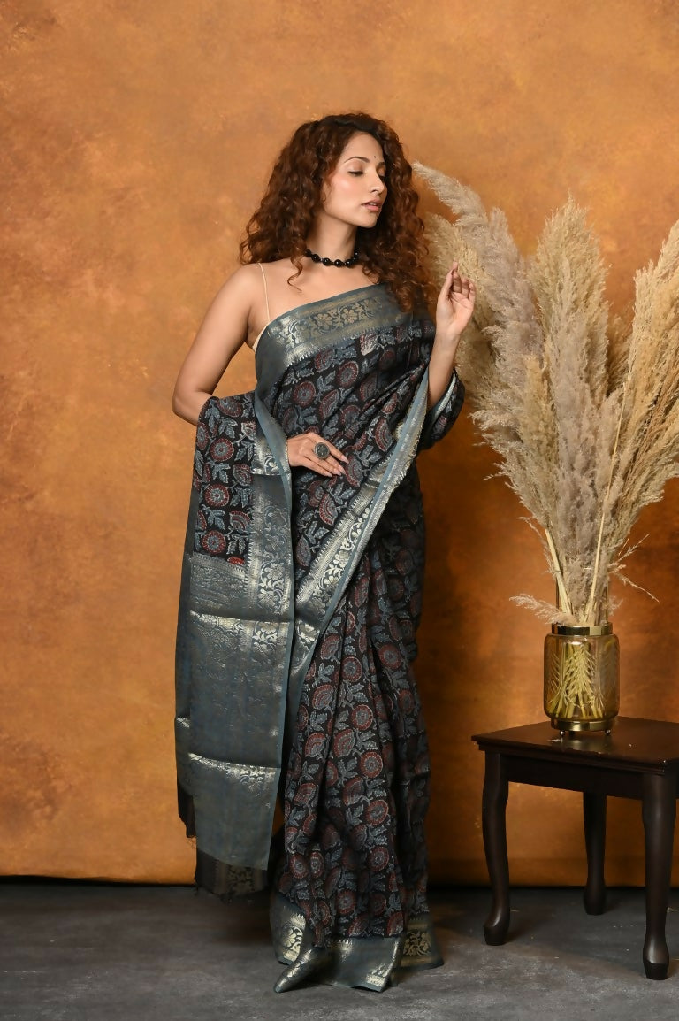 Very Much Indian Modal Silk Ajrakh Handblock Printed Natural Dyes With Designer Border Saree - Blue | Grocsy
