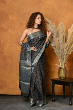 Very Much Indian Modal Silk Ajrakh Handblock Printed Natural Dyes With Designer Border Saree - Blue | Grocsy