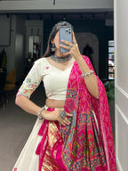 Vastranavya Traditional Special Khadi Cotton Sequins And Thread Embroidery Work Lehenga with Unstitched Blouse - White | Grocsy