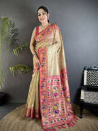 Joban Fashion Beige Zari Weaving Tissue Paithani Saree | Grocsy