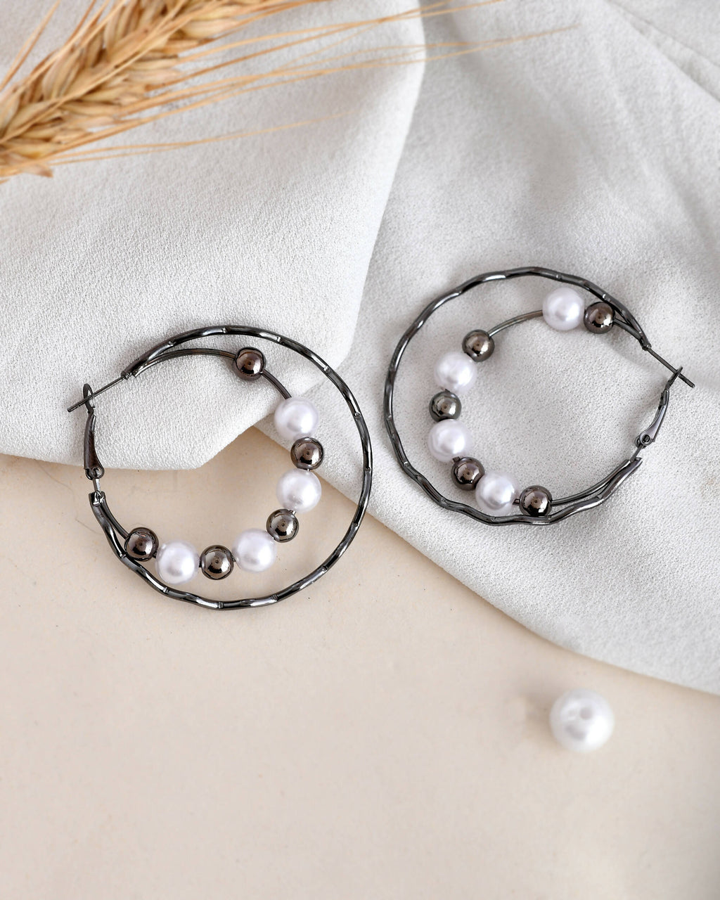 VOJ Women Rhodium-Plated Pearl Stainless Steel Hoop Earrings | Grocsy