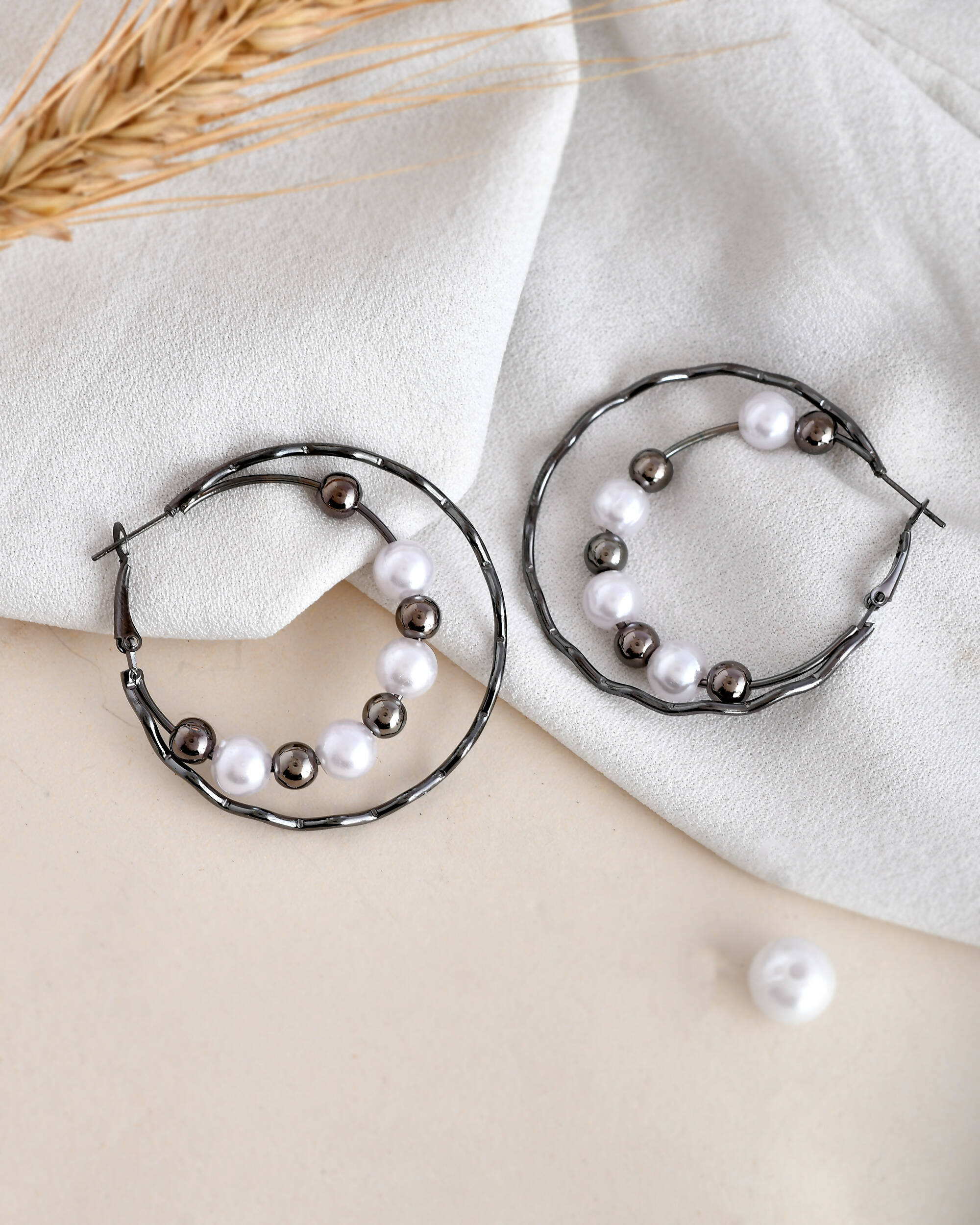VOJ Women Rhodium-Plated Pearl Stainless Steel Hoop Earrings | Grocsy