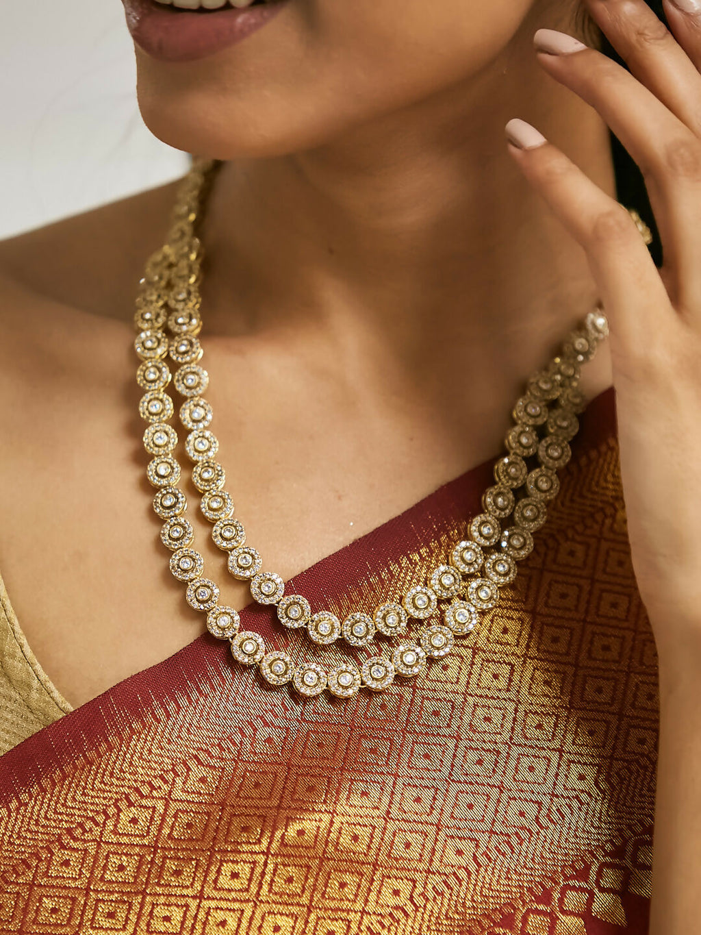 Nuyug 22K Gold-Plated Zircon Studded Enamel Embellished Dual Layered Necklace Set | Grocsy