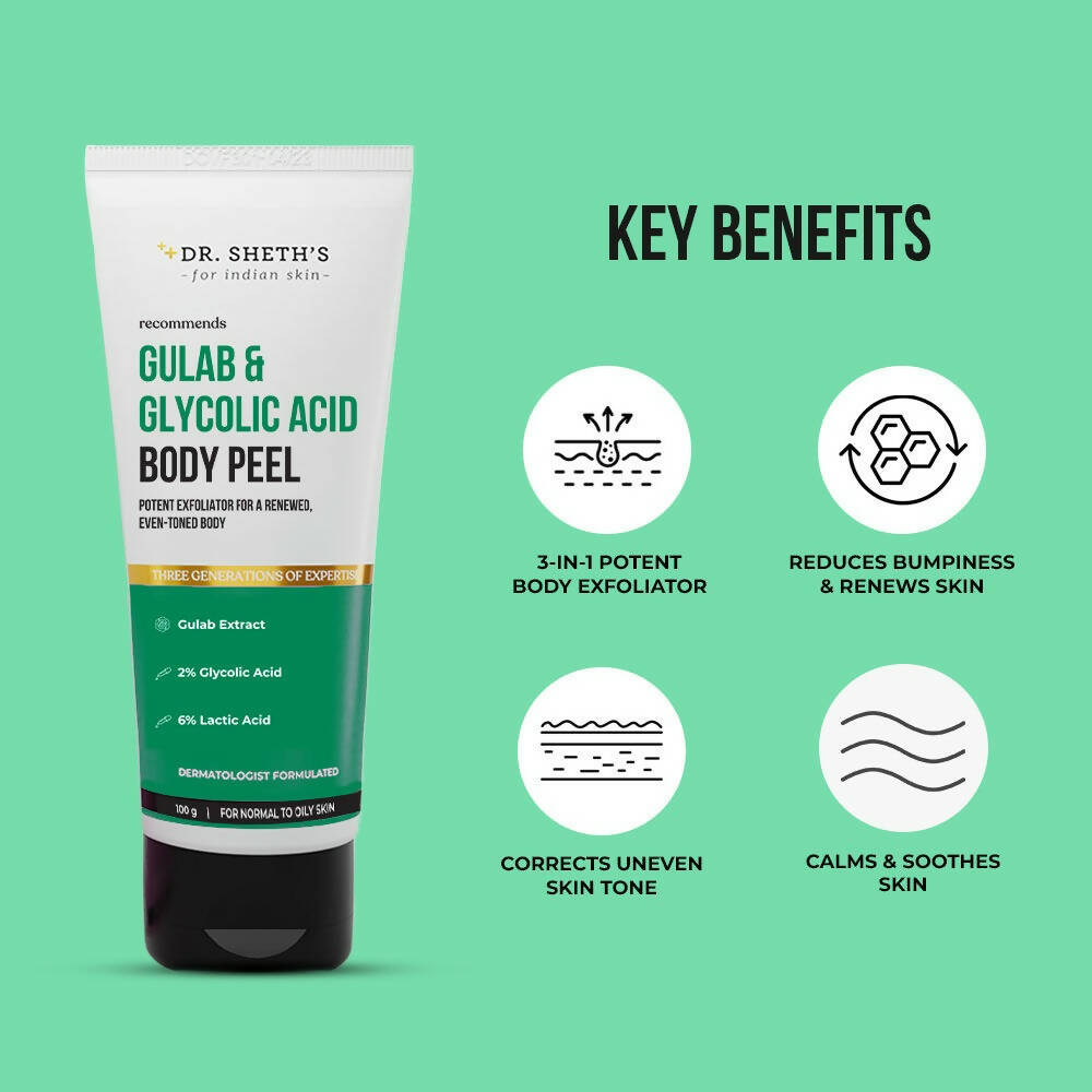 Dr. Sheth's Gulab & 2% Glycolic Acid Body Peel For Glowing Skin & Tan Removal, For Normal to Oily Skin | Grocsy