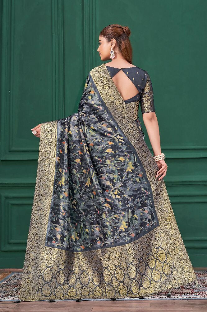 Blue Tussar Silk Jacquard Abstract Digital Print Saree with Unstitched Blouse - Mohira | Grocsy