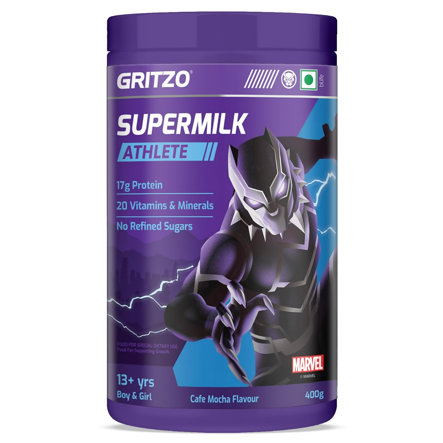 Gritzo SuperMilk Athlete Black Panther (13+y Boy & Girl), 17g Protein Powder (Cafe Mocha) | Grocsy