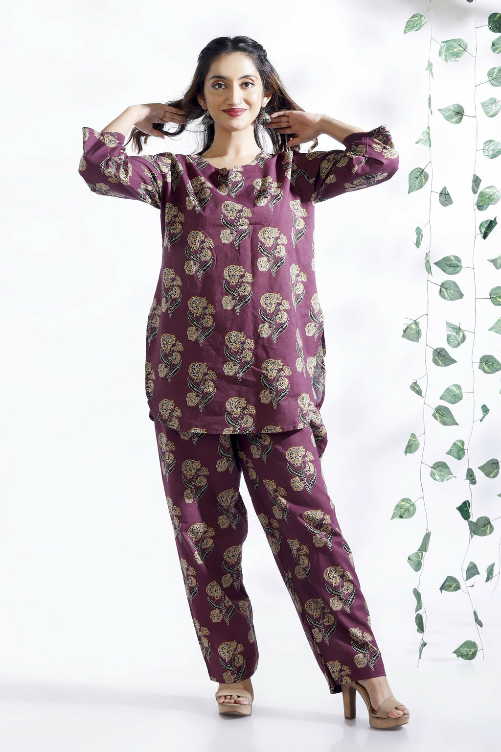 Breathables Wine Butta Cotton Co-Ord Set – Kurta With Straight Pants | Grocsy