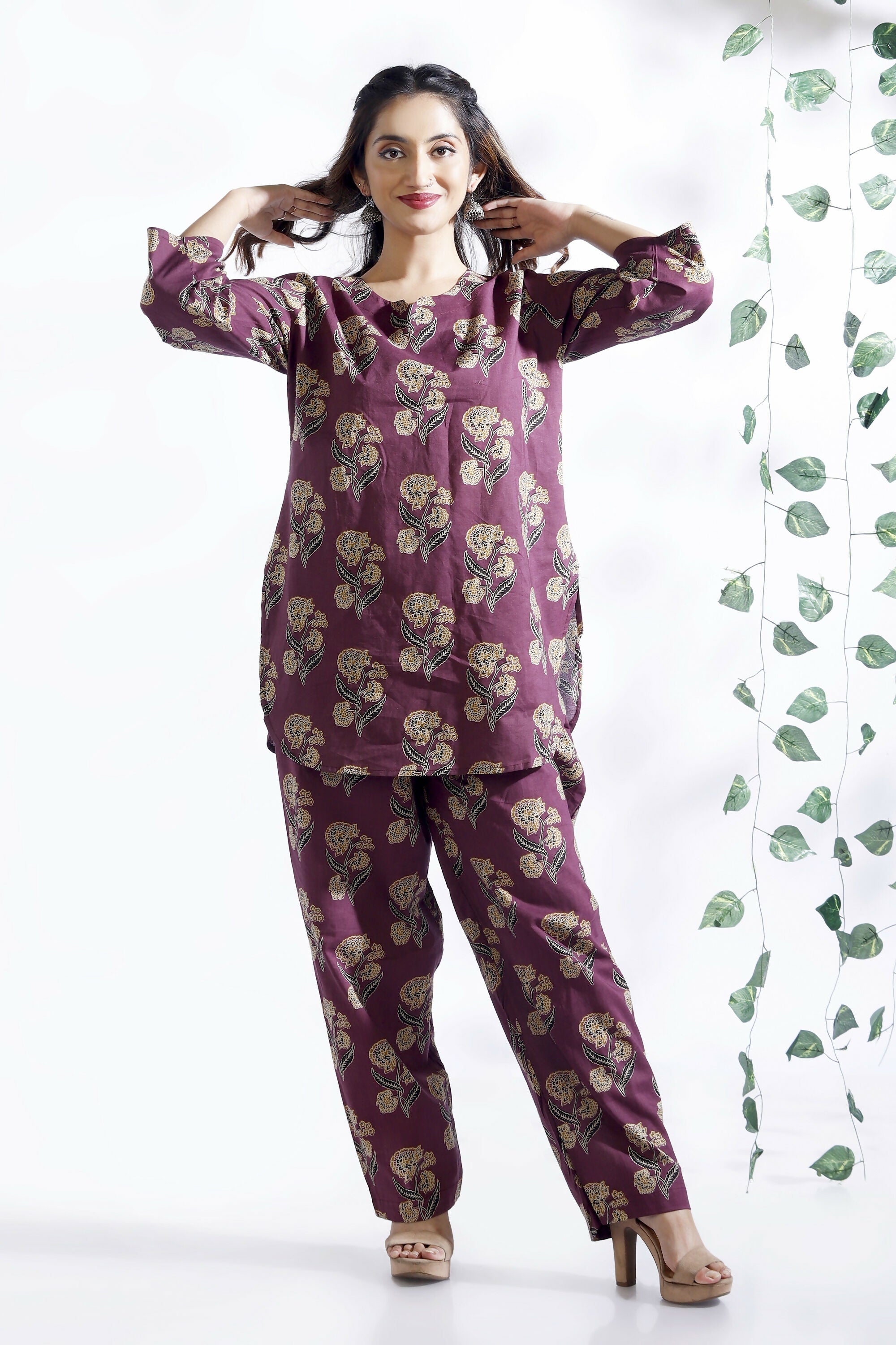 Breathables Wine Butta Cotton Co-Ord Set – Kurta With Straight Pants | Grocsy