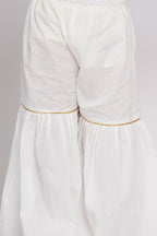 Little Bansi Girls Cotton Floral Embroidery Frock Kurta with Sharara & Dupatta - White | Grocsy