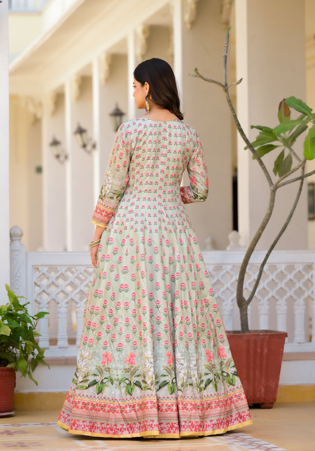Partywear Designer Pista Dola Silk Anarkali suit with Dupatta - Samyukta | Grocsy