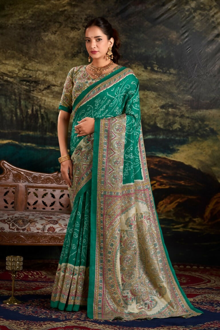 Vastranavya Green Silk Madhubani & Bandhej Fusion Print Saree with Unstitched Blouse | Grocsy