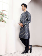 Navy Blue Viscose Woven Jacquard Work Men's Kurta - Mahotsav | Grocsy