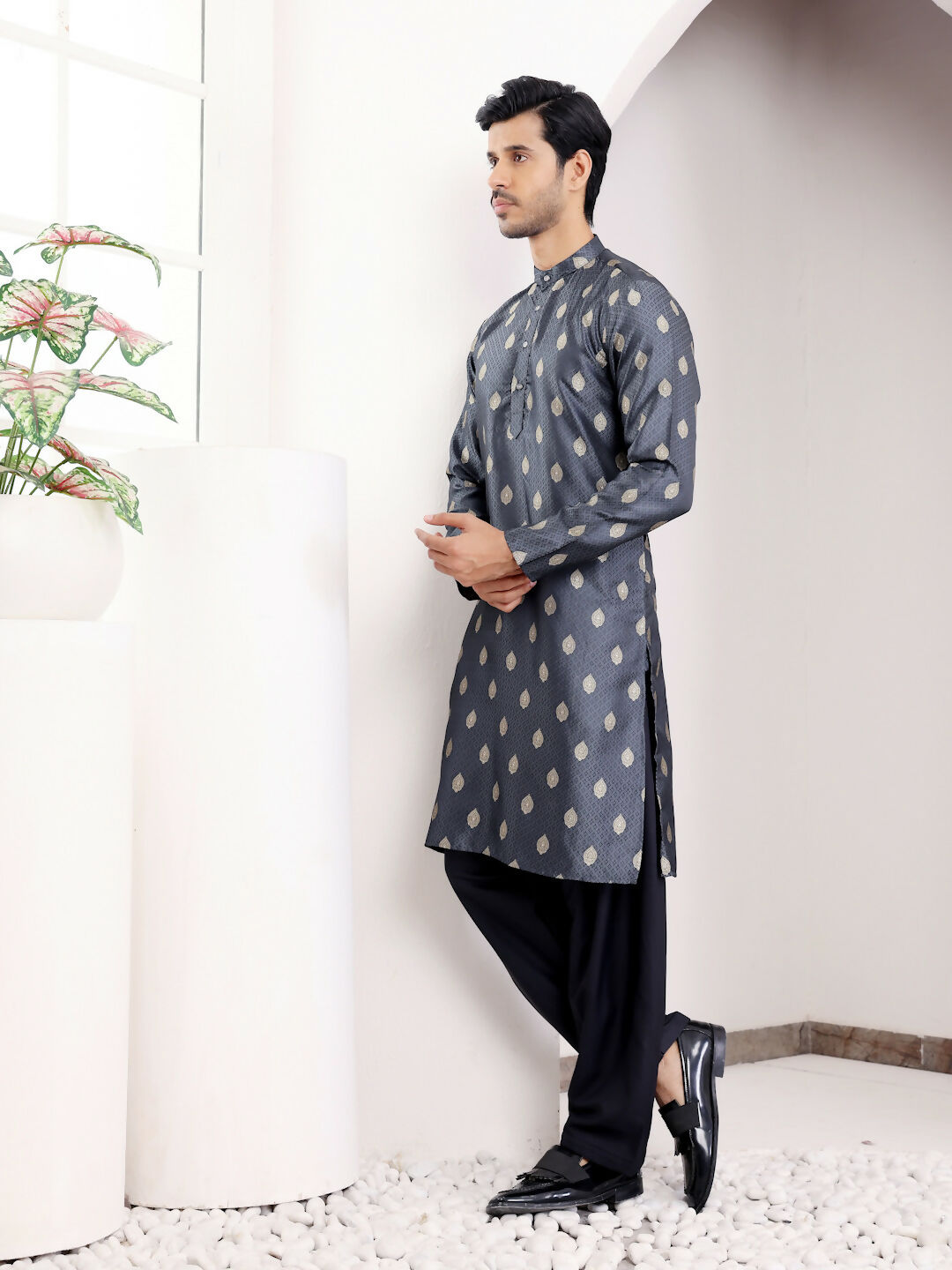 Navy Blue Viscose Woven Jacquard Work Men's Kurta - Mahotsav | Grocsy