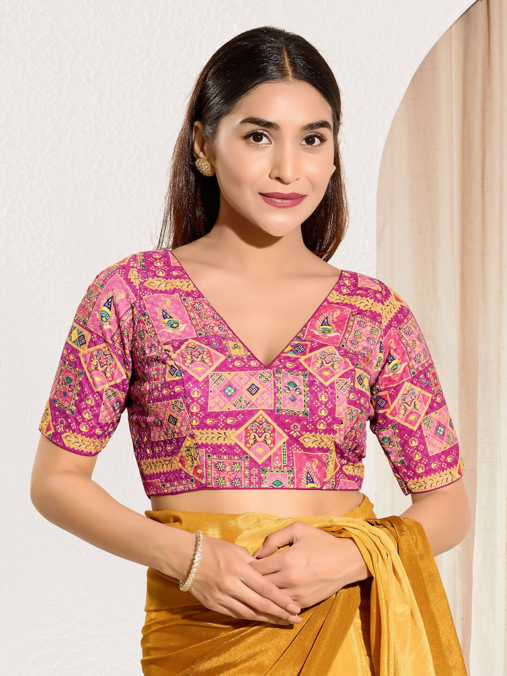 Joban Fashion Pink Viscose Rayon Padded Blouse With V Neck Elbow Sleeves | Grocsy