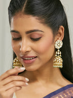 Nuyug 22K Gold-Plated Kundan Stone Studded & Pearl Beaded Dome Shaped Jhumkas | Grocsy