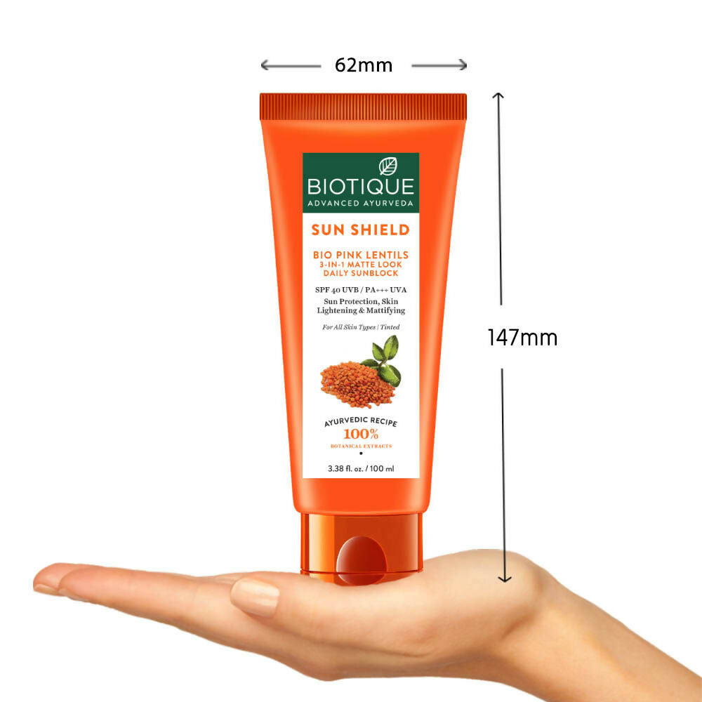 Biotique Bio Pink Lentils 3 In 1 Matte Look Sun Shield SPF 40 | Grocsy