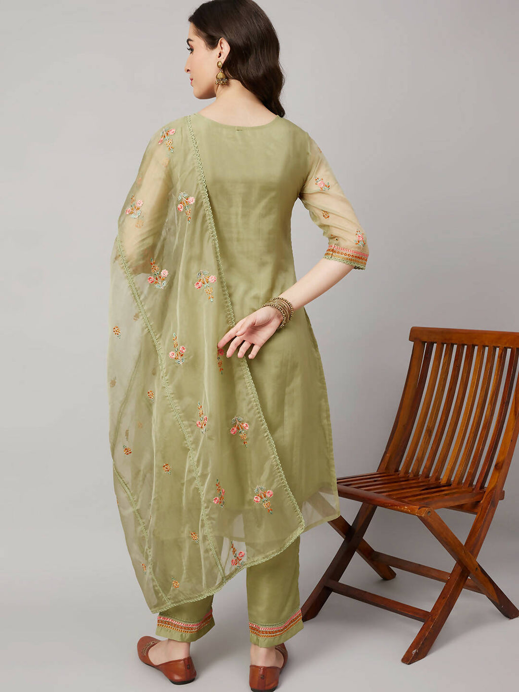 Green Organza Embroidered Kurta with Bottom & Dupatta - Salimar | Grocsy
