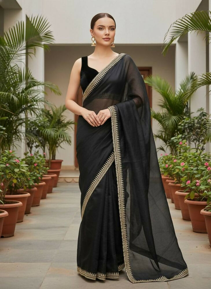 Joban Fashion Black Soft twill Net Party Wear Sarees | Grocsy