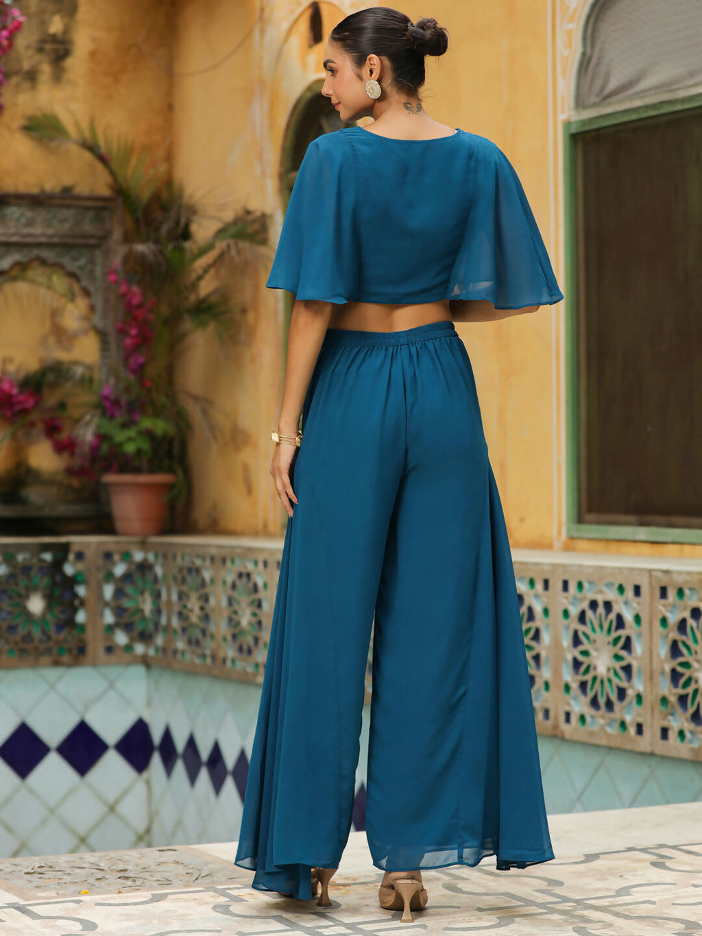 Janasya Teal Blue Georgette Yoke Embroidery Co-Ords | Grocsy