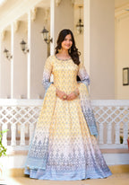 Partywear Designer Yellow Dola Silk Anarkali suit with Dupatta - Samyukta | Grocsy