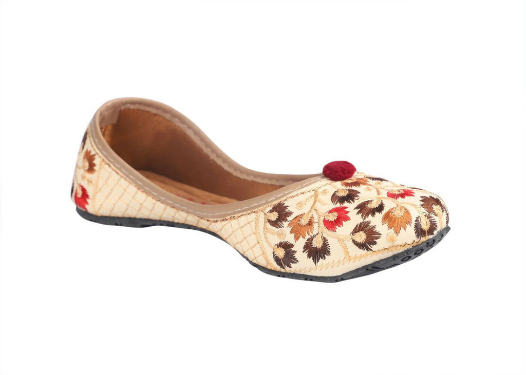 Tiny Bugs Girls Ethnic Floral Embroidered Juttis - Beige | Grocsy