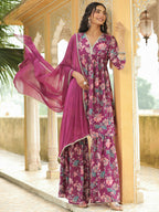 Janasya Purple Georgette Floral Kurta,Bottom & Dupatta | Grocsy