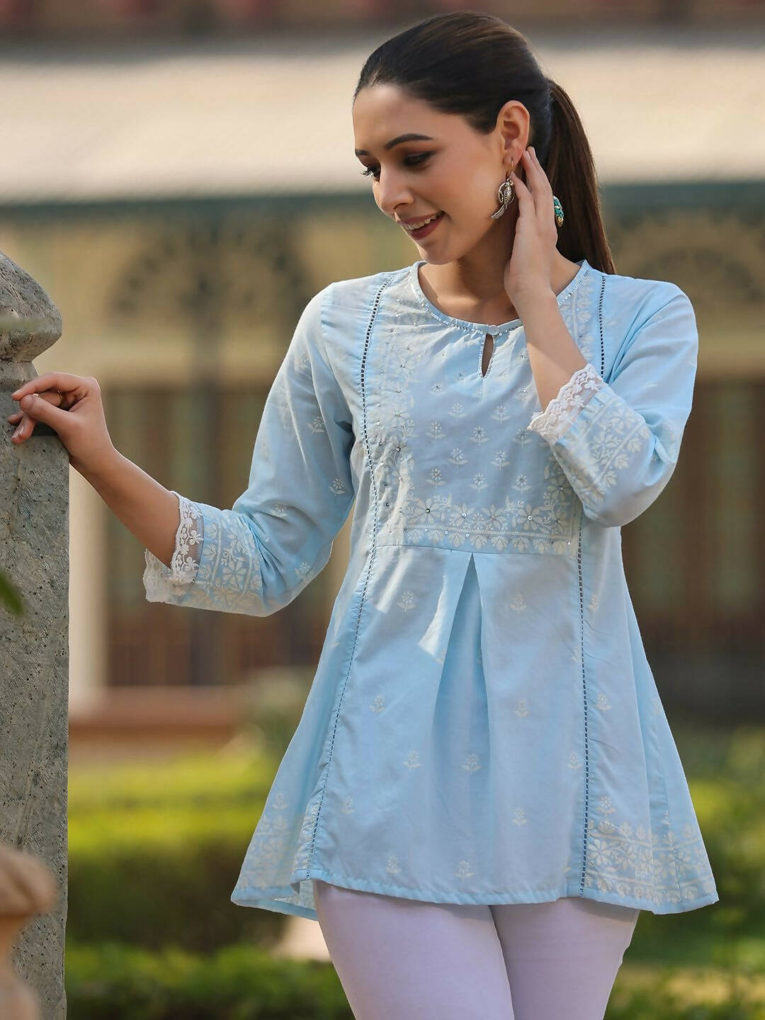 Juniper Women's Powderblue Cambric Floral Printed Tunic | Grocsy