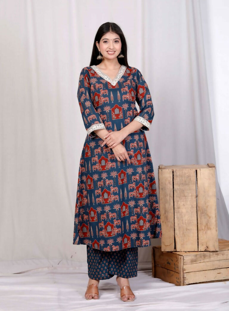 Miravan Women's Blue Pure Cotton Animal Printed Zari Lace Work Anarkali Kurta And Palazzo Set | Grocsy