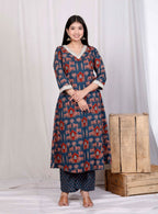 Miravan Women's Blue Pure Cotton Animal Printed Zari Lace Work Anarkali Kurta And Palazzo Set | Grocsy