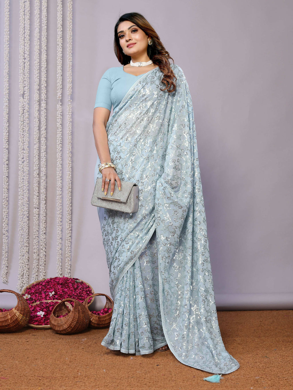 Sky Blue Pure Georgette Embroidered Saree With Stitched Blouse - Nimaya Kaksha | Grocsy