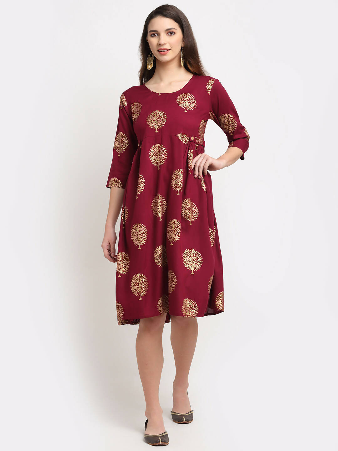 Rudra Bazaar Gold Boota Printed Wine Kurti | Grocsy