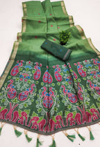 Vastranavya Pista Muga Cotton Meenakari & Azarakh Pallu Saree with Contrast Blouse | Grocsy
