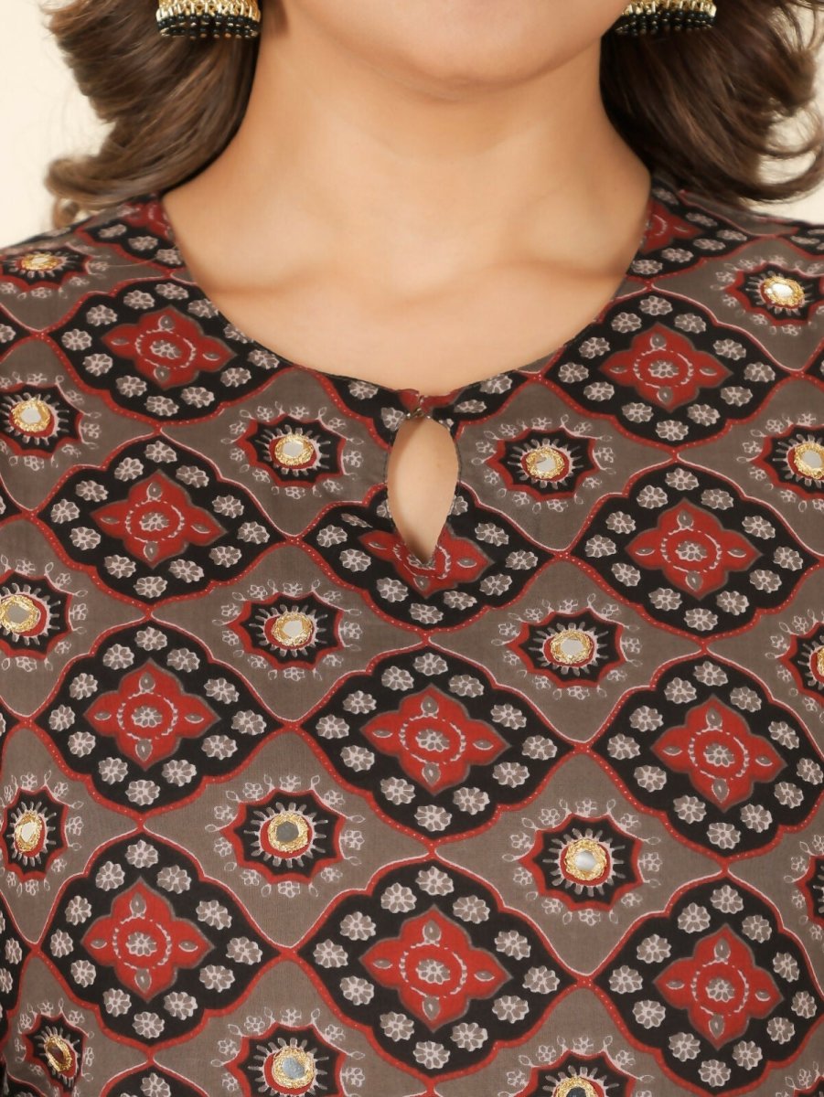 Aramya Brown Soft Cotton Geometric Print Straight Kurta Sharara Set for Women | Grocsy