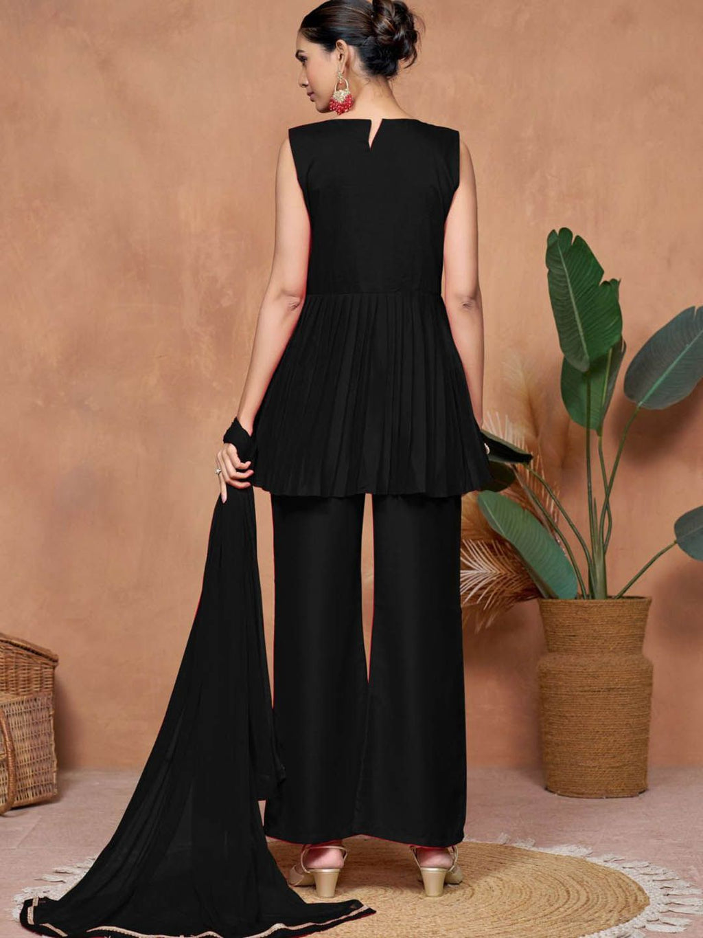 Sangria Embroidered A-line Kurta & Palazzo With Dupatta | Grocsy