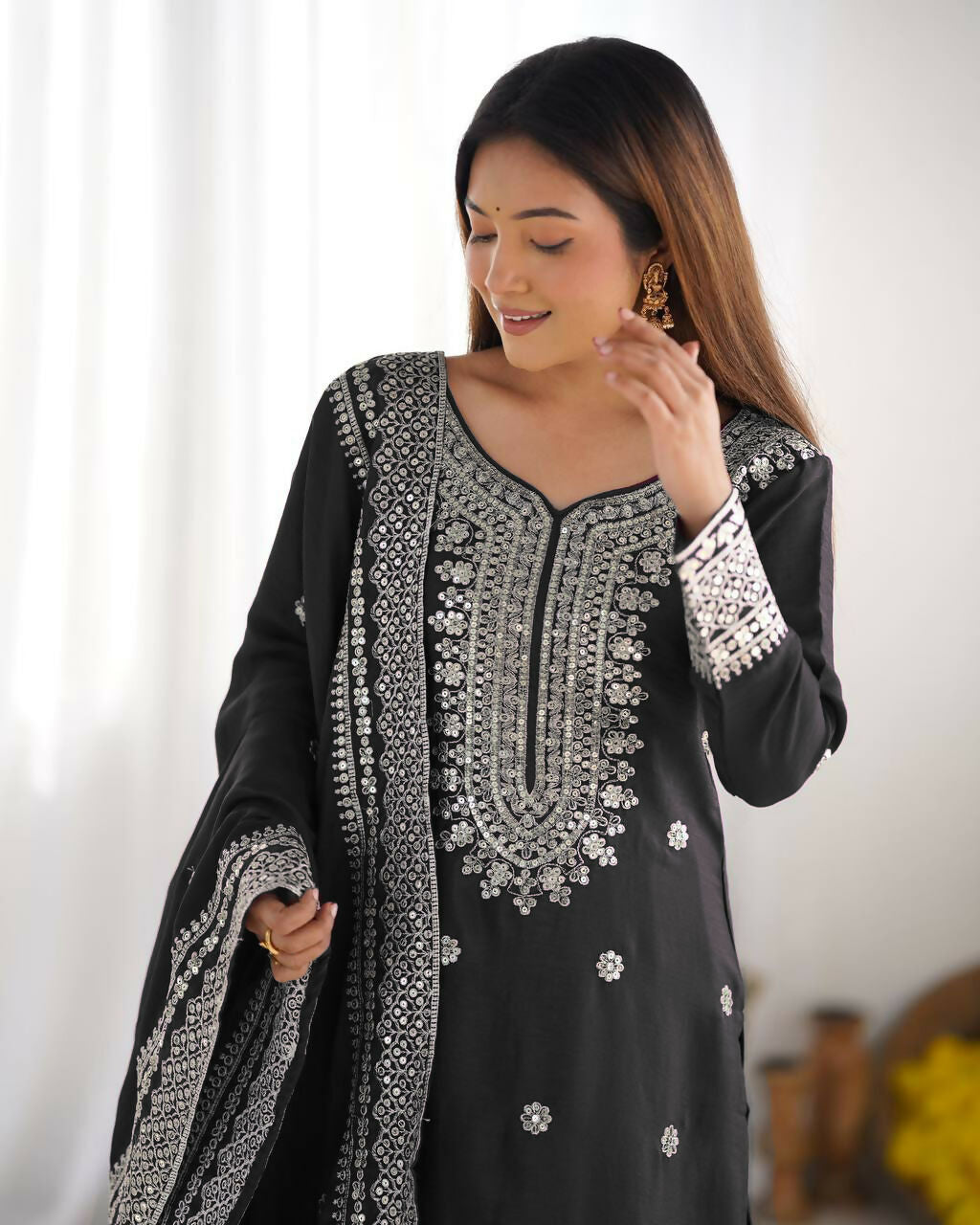 Joban Fashion Black Kurta Set Silk Sequins , Zari, Coding & Thread Embroidered work | Grocsy