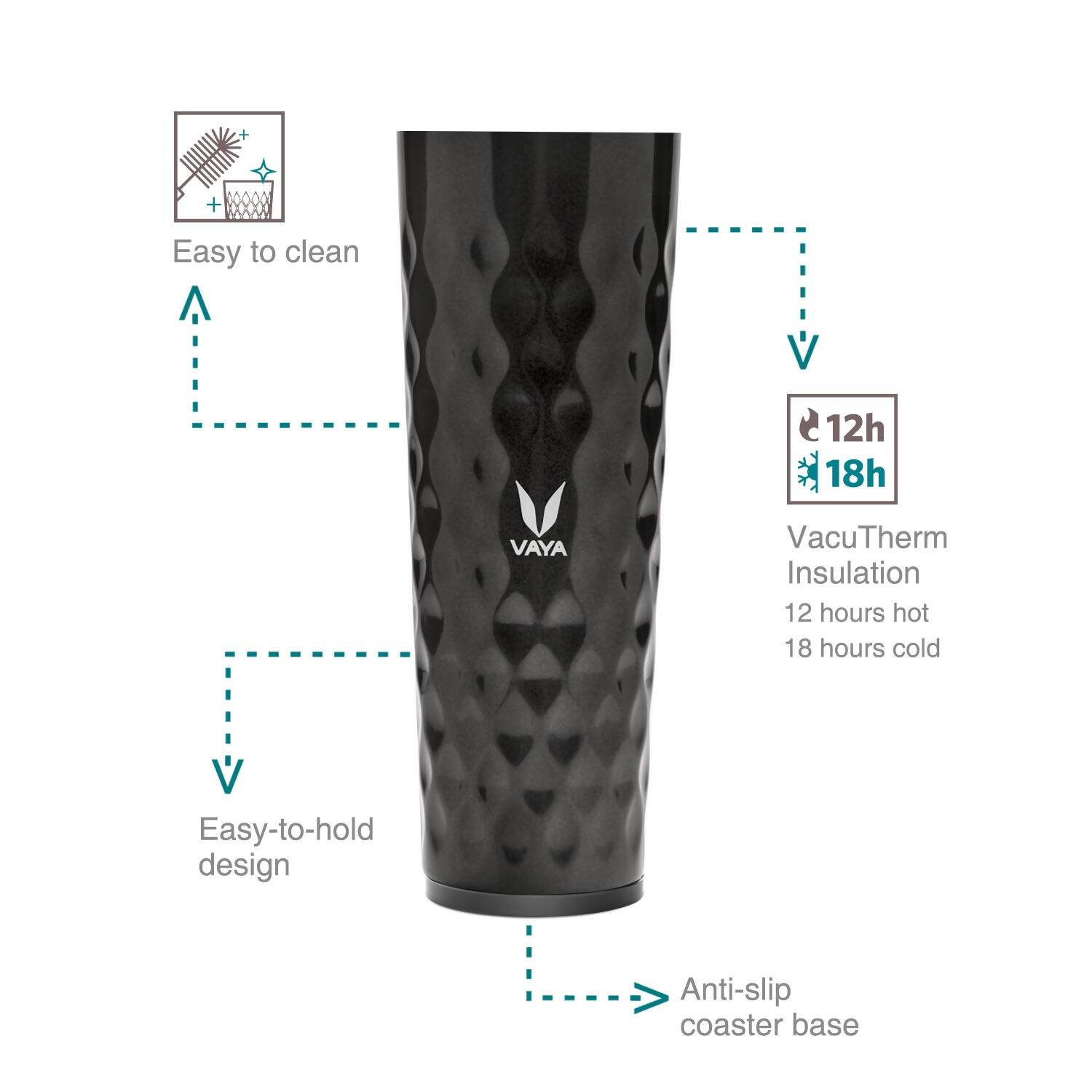 Vaya Drynk Stainless Steel Water Bottle Tumbler for Office - 600ml (Black) | Grocsy