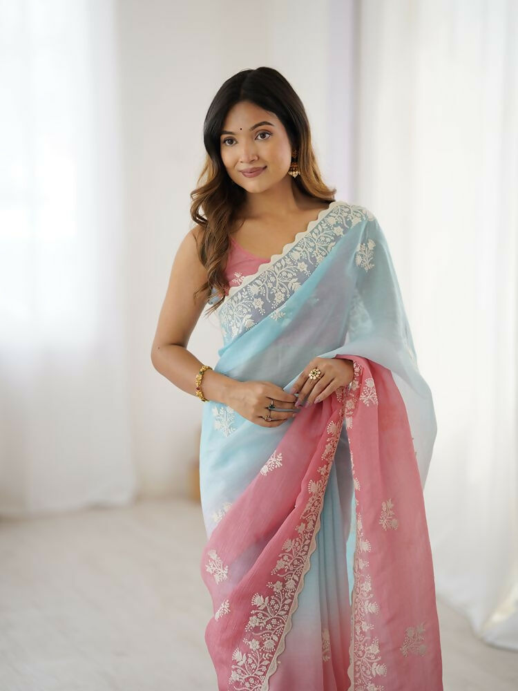 Rust Crunchy Silk Embroidery Work Party Wear Saree - Lakshita | Grocsy
