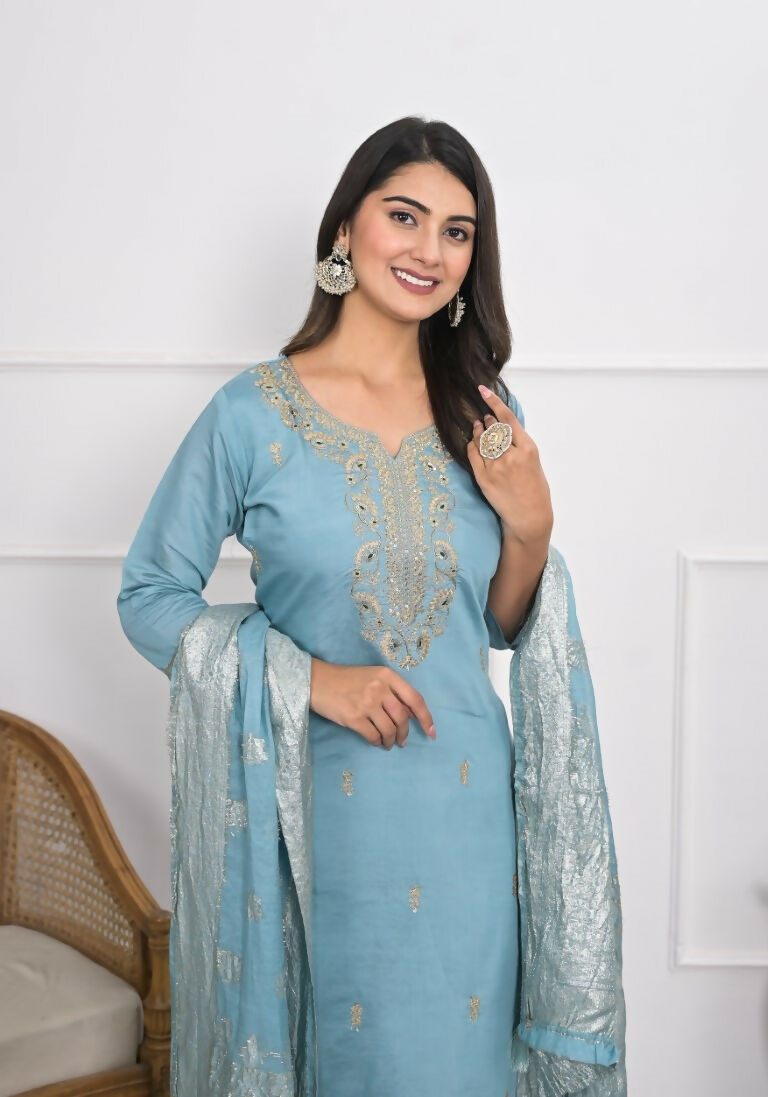 Lavender Viscose Silk Embroidery with Thread and sequence Stitched Suit With Dupatta - Tanisha | Grocsy