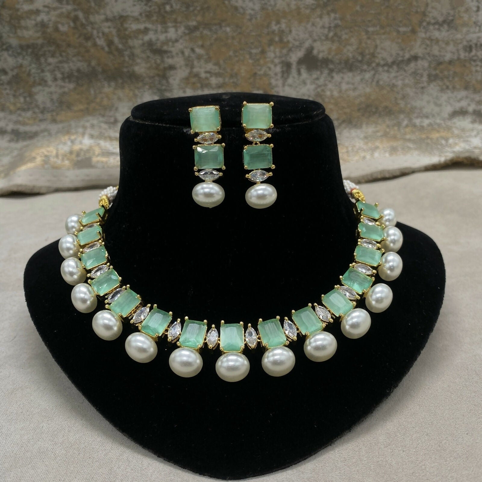 Sea Green Partywear American Diamond Necklace Set For Women By House of Ree - Swadesiicart