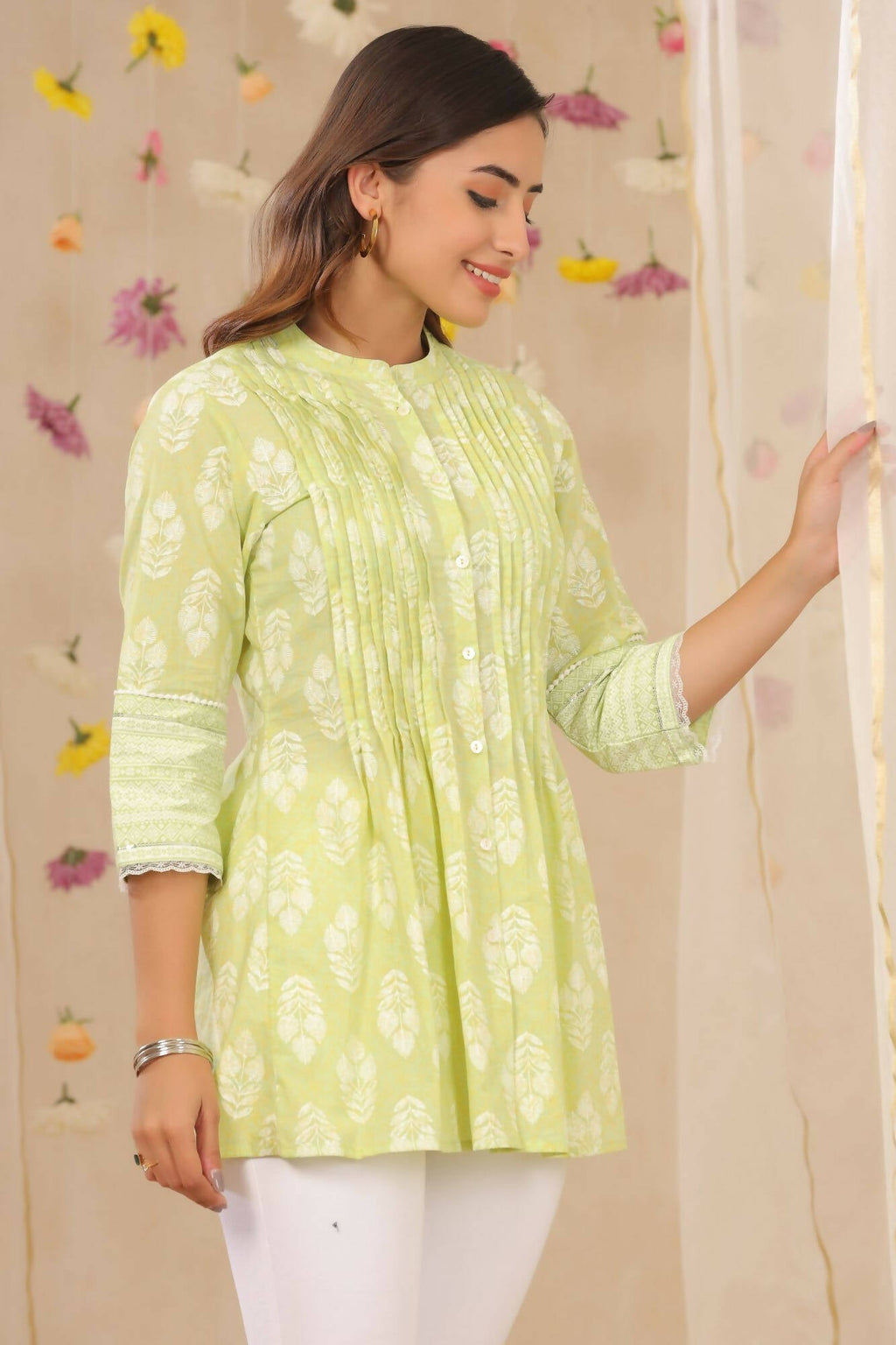 Juniper Women Limegreen Cambric Printed A-Line Tunic | Grocsy