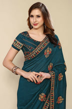 Teal Chinon Embroidered Saree with Unstitched Blouse Piece - Roozal | Grocsy