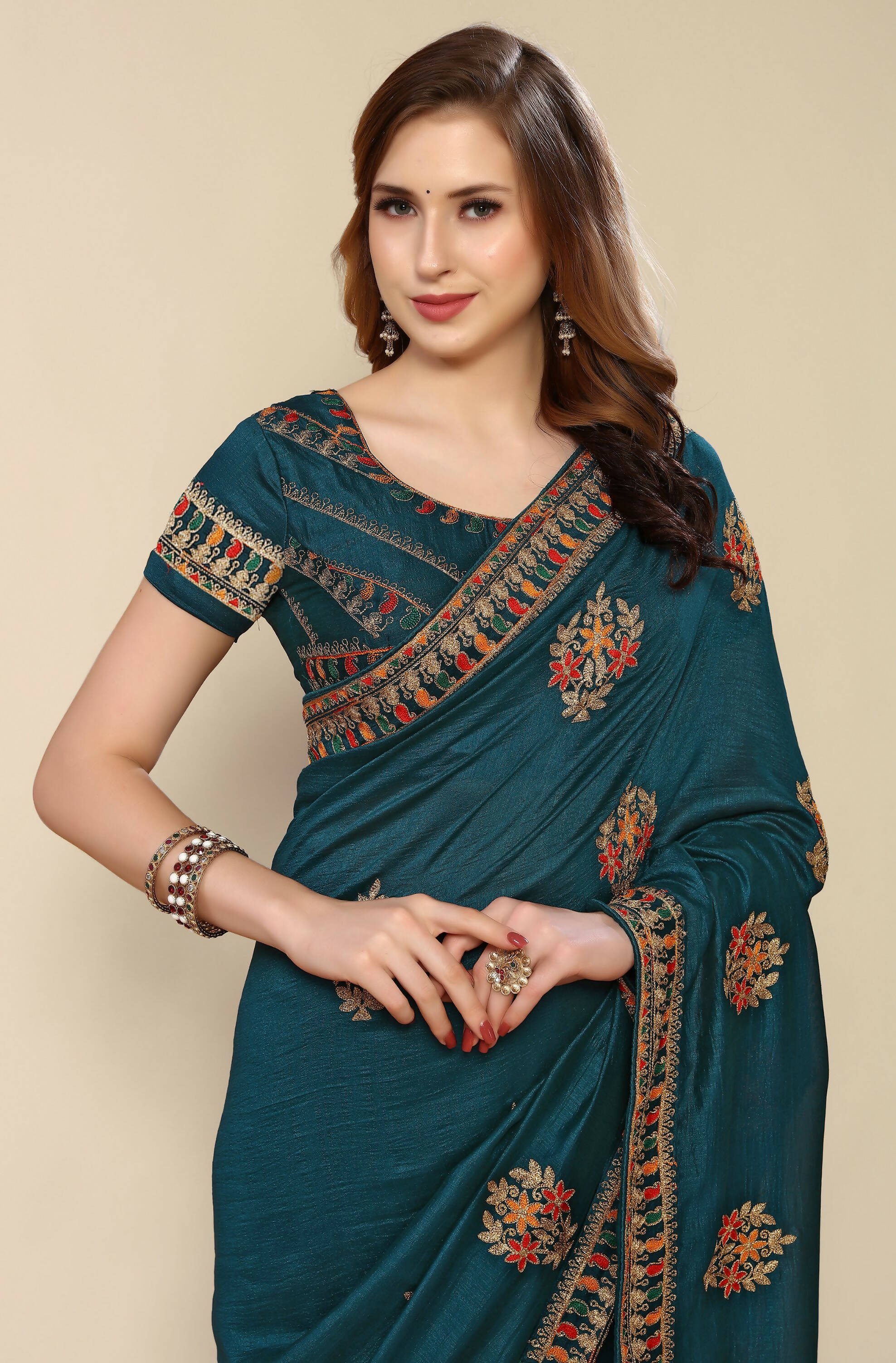 Teal Chinon Embroidered Saree with Unstitched Blouse Piece - Roozal | Grocsy