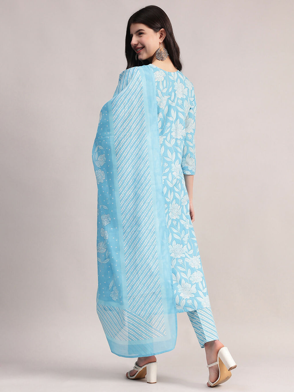 Aavyora Women's Sky Blue Floral Printed A-Line Kurta with Pintucks, Striped Pants & Dupatta Set | Grocsy