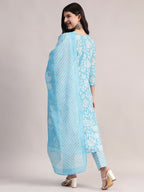 Aavyora Women's Sky Blue Floral Printed A-Line Kurta with Pintucks, Striped Pants & Dupatta Set | Grocsy