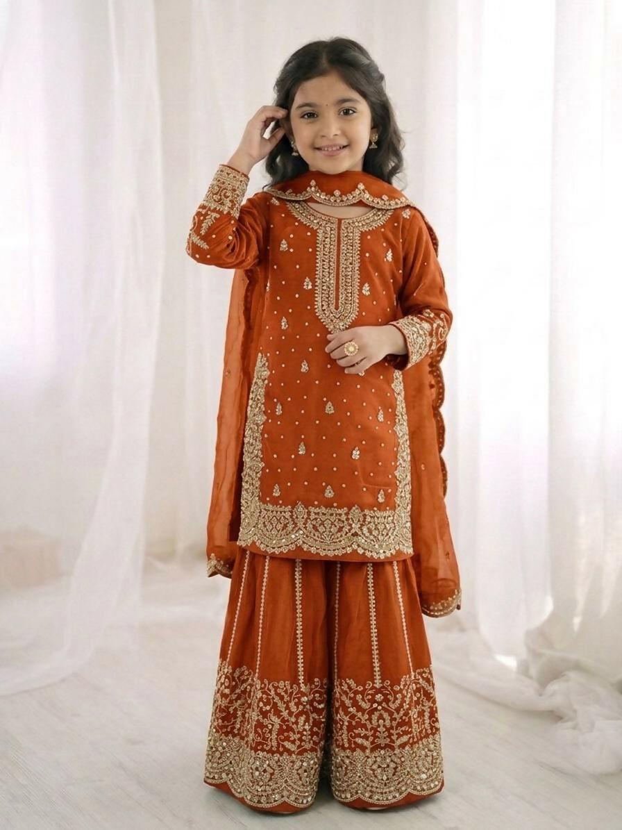 Teeya Creation New Trendy Fully Stitched Ready to Wear Kids Kurta Palazzo Set-Orange | Grocsy