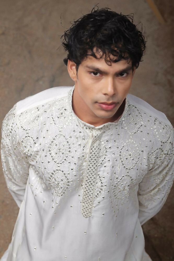White Greek Satin Heavy Embroidery Work Kurta Set - Mahotsav | Grocsy