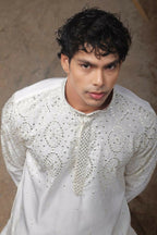 White Greek Satin Heavy Embroidery Work Kurta Set - Mahotsav | Grocsy