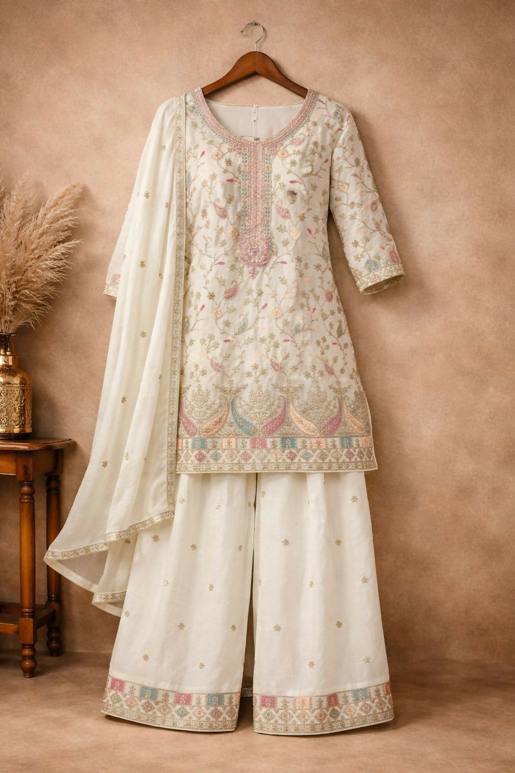 Anaita White Chinon Stitched Plazzo Suit With Embroidery Work | Grocsy
