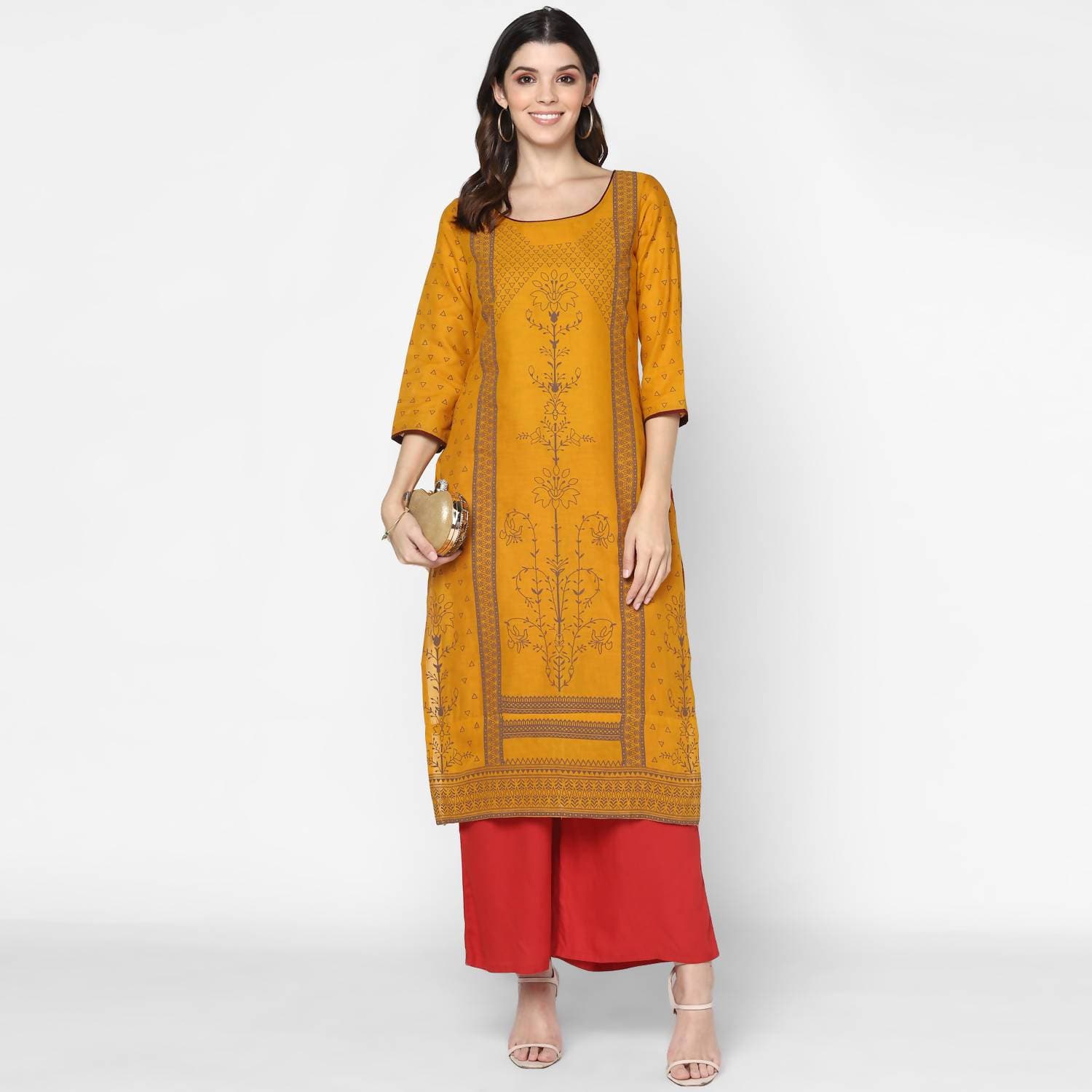 Cheera Hand Block Print Mustard & Red Straight Kurta With Palazzo (MAAI-071K) | Grocsy